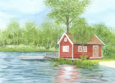 Postkarte DIN-A5 Aquarell Kunst Druck Kunstdruck Schweden Sweden Sverige Schären Haus Inseln See